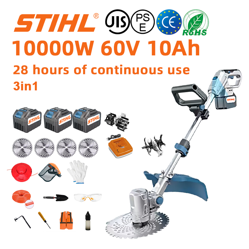 (28 horas de duração da bateria) Cortador de relva sem escovas de 10000 W * 1 + bateria de 60 V 10,0 Ah * 3 + carregador * 1 + roda lateral * 1 + roda auxiliar * 1 + lâminas de serra circular * 4 + arado * 1 + corda de corte * 1 + disco de corte * 1 + pá * 1 + luvas de chave de fendas * 1 + chave de fendas * 1 + luvas * 1 + chave de fendas fenda * 1 parafuso * 1 + vestuário de protecção * 1 + óleo lubrificante * 1 + caixa de ferramentas * 1.